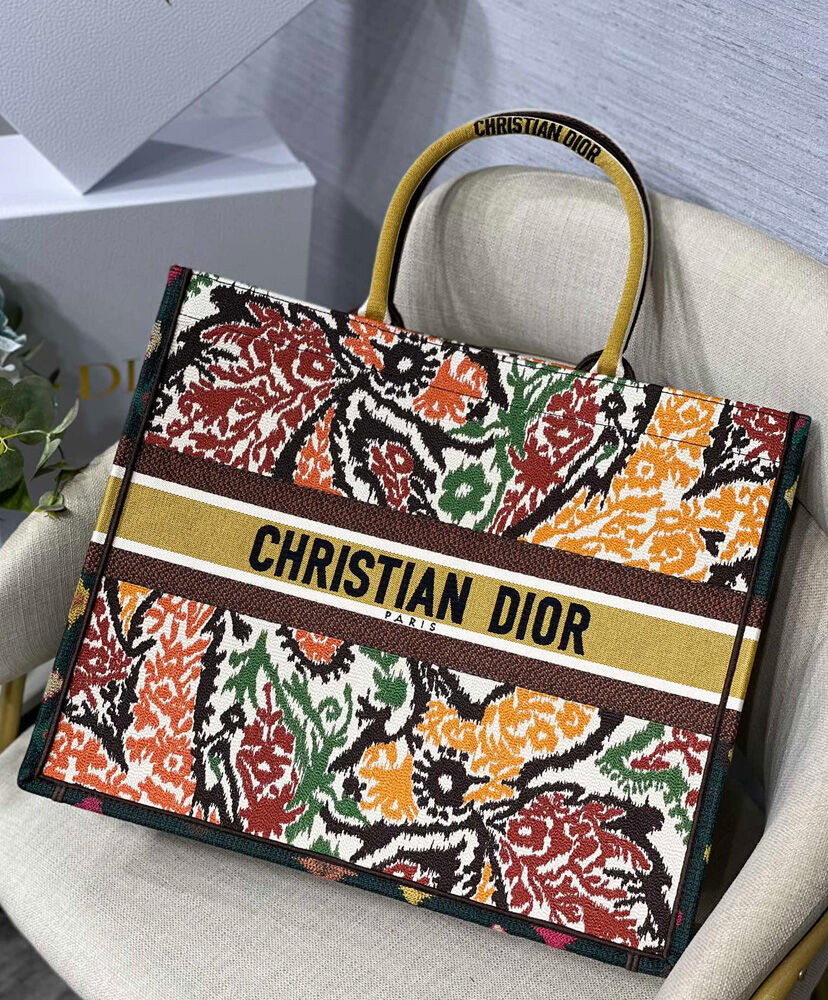 Christian Dior Book Tote Velvet Mizza Embroidery Canvas Yellow